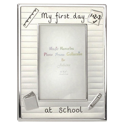 4" X 6" - SILVER PLATED PHOTO FRAME - FIRST DAY AT SCHOOL - R. Mc Cullagh Jewellers