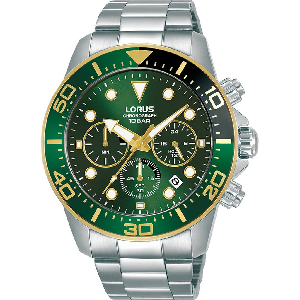 lorus quartz chronograph gents gold plated green dial bracelet