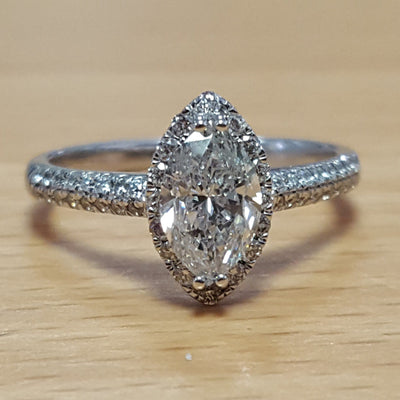 18ct Marquise ring in halo setting with stone set shoulders - R. Mc Cullagh Jewellers